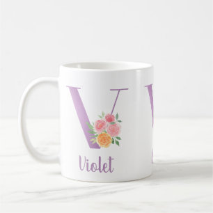 V Monogramm Lila Blumenfarbe Personalisiert Kaffeetasse