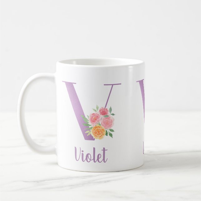 V Monogramm Lila Blumenfarbe Personalisiert Kaffeetasse (Links)