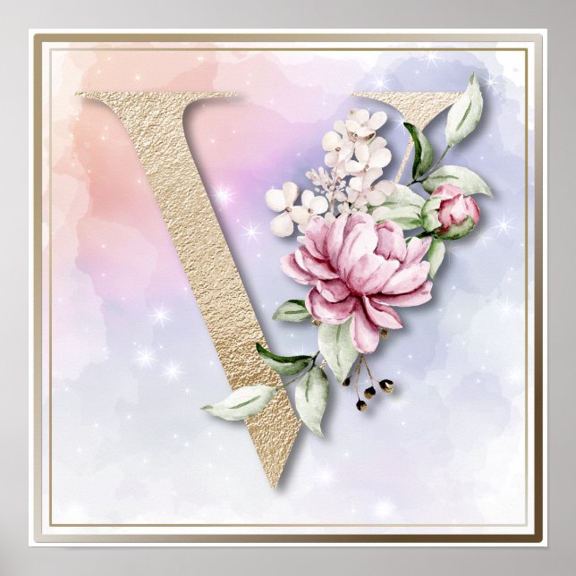 V Monogramm Rosa Rose Poster (Vorne)