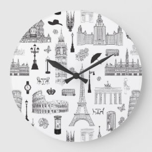 Vacation in Europe Pattern Große Wanduhr
