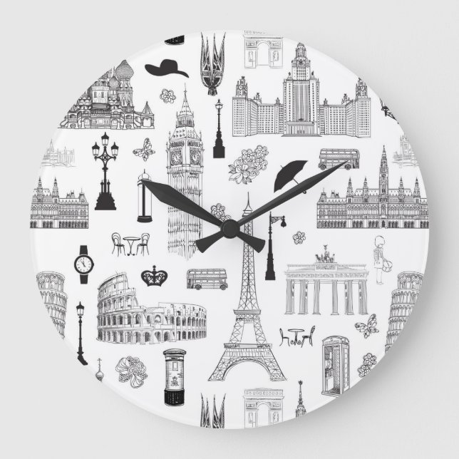 Vacation in Europe Pattern Große Wanduhr (Vorderseite)