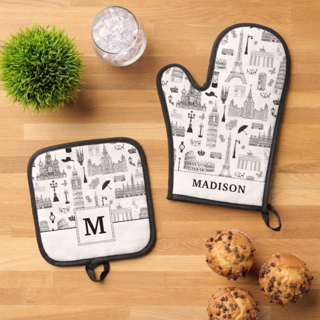 Vacation in Europe Pattern Ofenhandschuh & Topflappen-Set (Oben Unten)