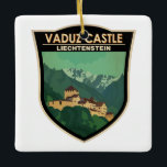 Vaduz Burg Liechtenstein Reisen Vintages Abzeichen Keramikornament<br><div class="desc">Vaduz Castle Vektorgrafik. Die Burg gab dem Ort Vaduz seinen Namen,  der Hauptstadt Liechtenstein,  die sie von einem angrenzenden Hügel aus überblickt.</div>