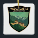 Vaduz Burg Liechtenstein Reisen Vintages Abzeichen Keramikornament<br><div class="desc">Vaduz Castle Vektorgrafik. Die Burg gab dem Ort Vaduz seinen Namen,  der Hauptstadt Liechtenstein,  die sie von einem angrenzenden Hügel aus überblickt.</div>