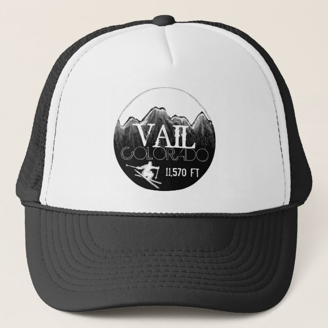 Vail Colorado Schwarz-weißer Ski-Gebirgshut Truckerkappe (Vorderseite)