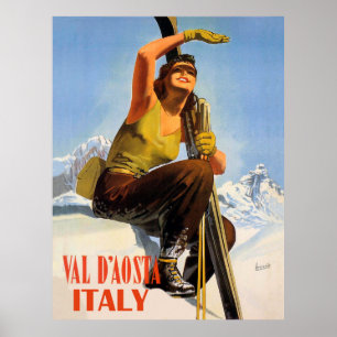 Val d'Aosta, Italien Skifrau. Winterurlaub Poster