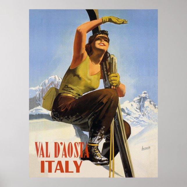 Val d'Aosta, Italien Skifrau. Winterurlaub Poster (Vorne)