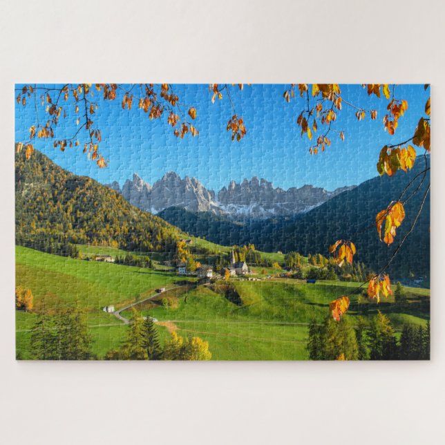 Val Di Funes-Dolomittal mit Herbst-Blätter Puzzle (Horizontal)