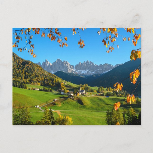 Val di Funes Tal mit Herbstblättern Postkarte (Vorderseite)