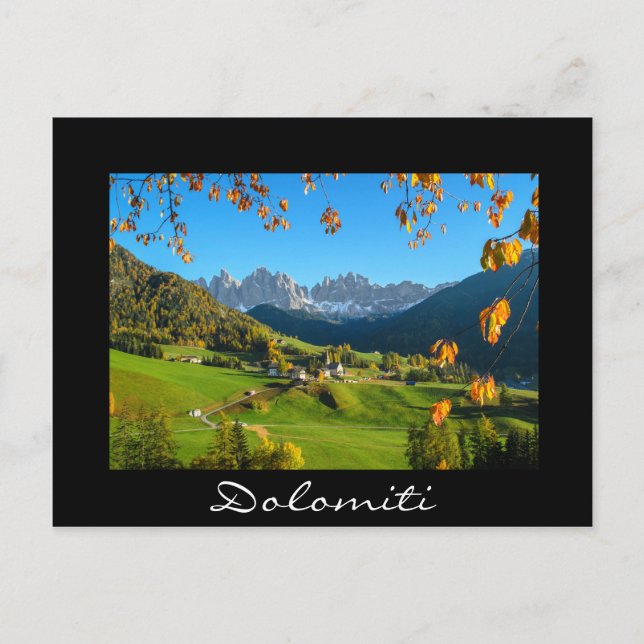 Val di Funes Tal mit Herbstblättern schwarze Karte (Vorderseite)