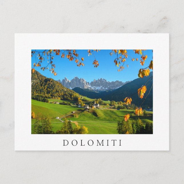 Val di Funes Tal mit Herbstblättern weiße Karte (Vorderseite)