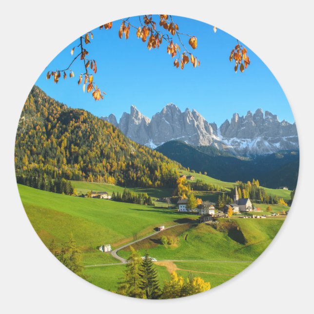 Val di Funes Tal mit Herbstlauben rund Aufkleber (Vorderseite)