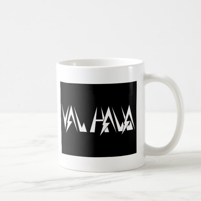Val Halla SCHRIFTART-Logoweiß auf Schwarzem Kaffeetasse (Rechts)