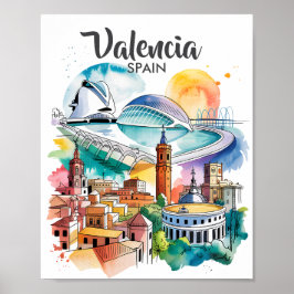 Valencia Spain Cityscape Watercolor Travel Custom Poster