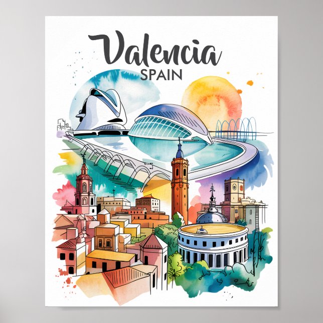Valencia Spain Cityscape Watercolor Travel Custom Poster (Vorne)