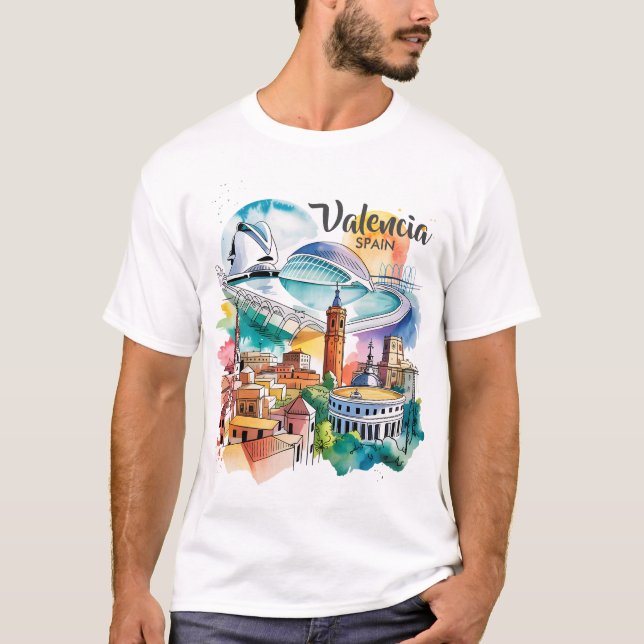 Valencia Spain Cityscape Watercolor Travel Custom T-Shirt (Vorderseite)