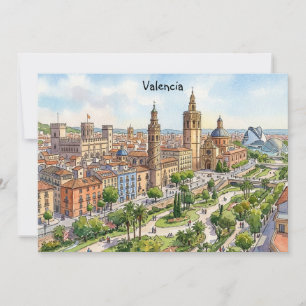 Valencia Spanien Aquarell Stadtansicht Retro Reise Einladung