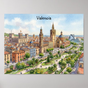 Valencia Spanien Aquarell Stadtansicht Retro Reise Poster