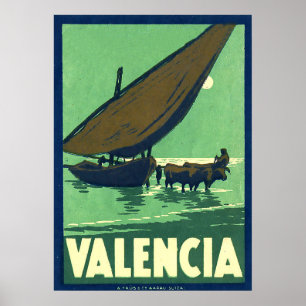 Valencia, Spanien, Fischerboot, Vintag Poster