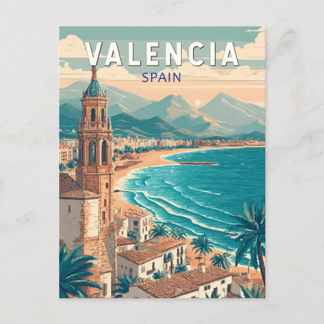 Valencia Spanien Illustration Reisen Vintag Postkarte (Vorderseite)