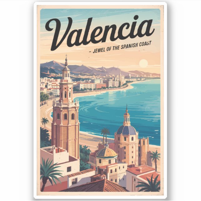 Valencia Spanien Küste Illustration Reisen Art Ret Aufkleber (Vorderseite)