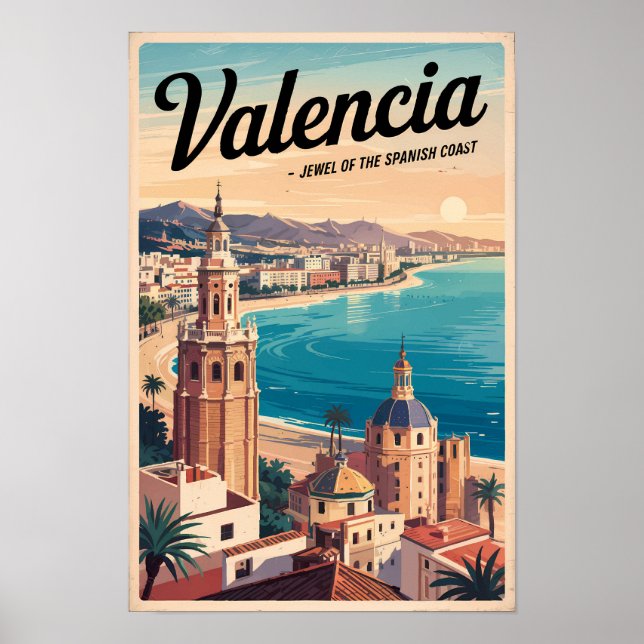 Valencia Spanien Küste Illustration Reisen Art Ret Poster (Vorne)