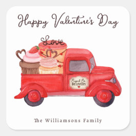 Valentinas Cupiden liefern Red Watercolor Truck Quadratischer Aufkleber