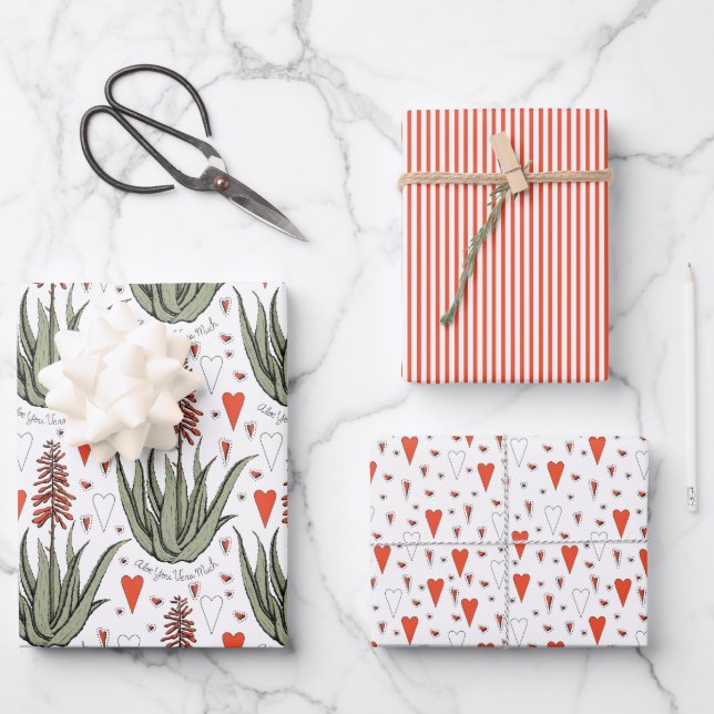 Valentine Aloe Pflanze Sukkulente Streifen Herz Geschenkpapier Set (Vorderseite)