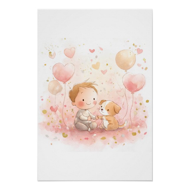 Valentine Baby & Puppy Nursery Art Print Poster (Vorderseite)