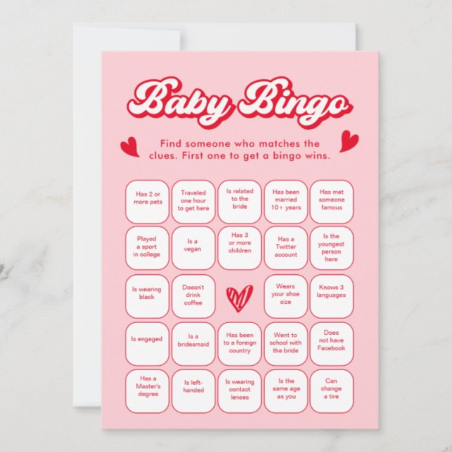 Valentine Baby Shower Baby Bingo Game Card Einladung (Vorderseite)