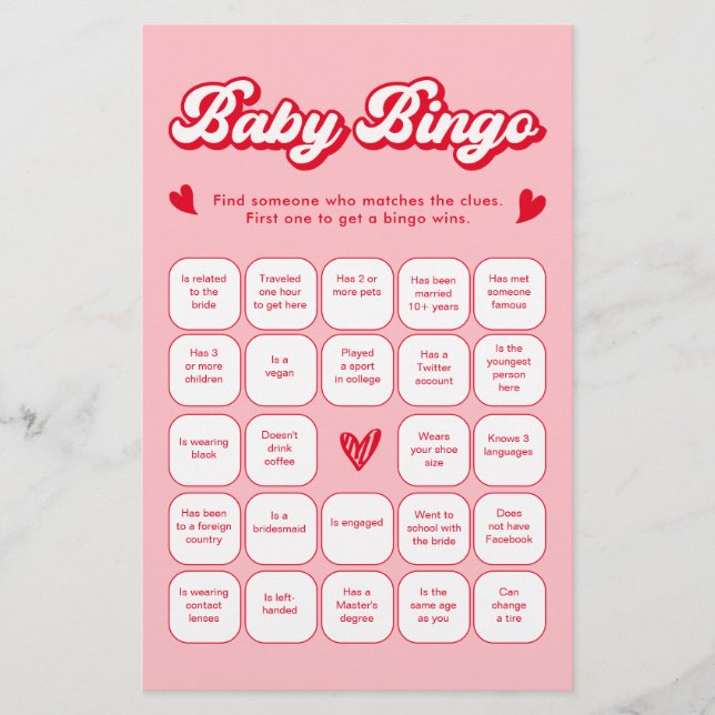 Valentine Baby Shower Find the Guest Bingo Game (Vorderseite)