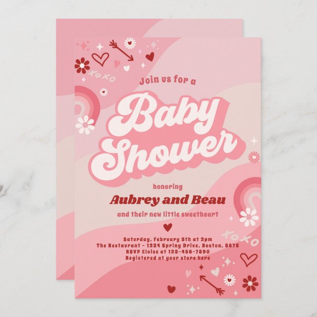 Valentine Baby Shower Groovy Baby Liebe Babydusche Einladung (Vorne/Hinten)