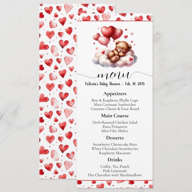 Valentine Bear Baby Showmenü Einladung (Vorne/Hinten)