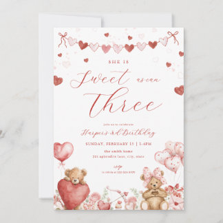 Valentine Bear Hearts Sweet Third Birthday Invite Einladung