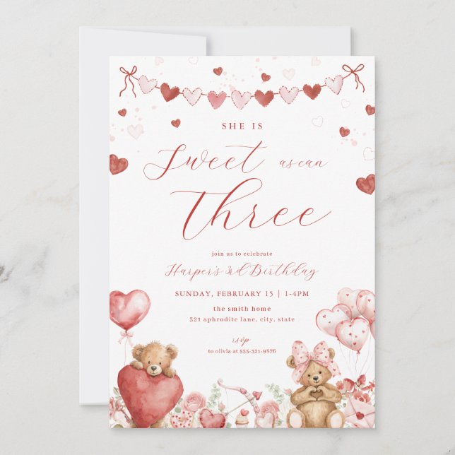 Valentine Bear Hearts Sweet Third Birthday Invite Einladung (Vorderseite)