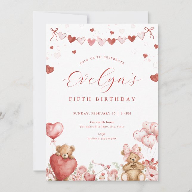 Valentine Bear Sweetheart Hearts Birthday Invite Einladung (Vorderseite)