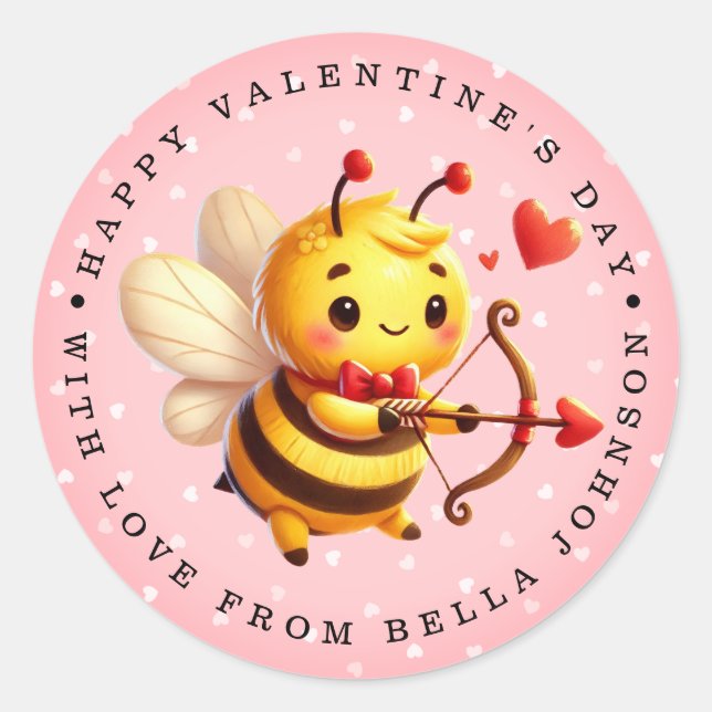 Valentine Bee Personalisiert Name Round Stickers (Vorderseite)