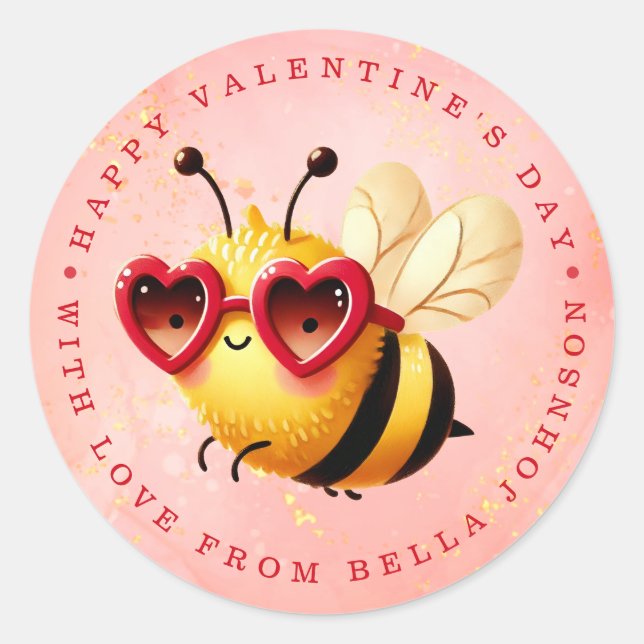 Valentine Bee Personalisiert Name Round Stickers (Vorderseite)