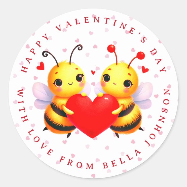 Valentine Bee Personalisiert Name Round Stickers (Vorderseite)