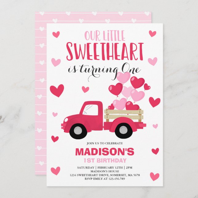 Valentine Birthday Einladung Sweetheart Red Truck (Vorne/Hinten)