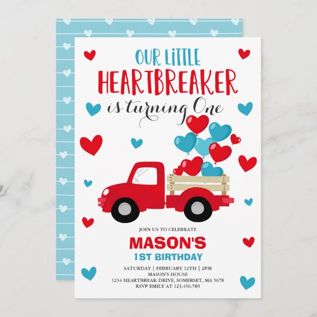 Valentine Birthday Invite Heartbreaker Red Truck Einladung (Vorne/Hinten)