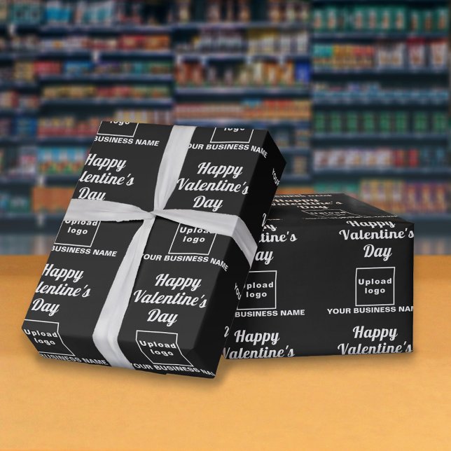 Valentine Black Wrapping Paper Geschenkpapier (Business name and logo with Happy Valentine's Day greeting on black wrapping paper in store.)