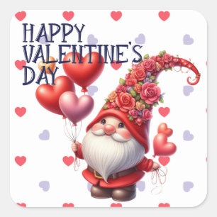Valentine Blume Hat Gnome Heart Balloons Quadratischer Aufkleber