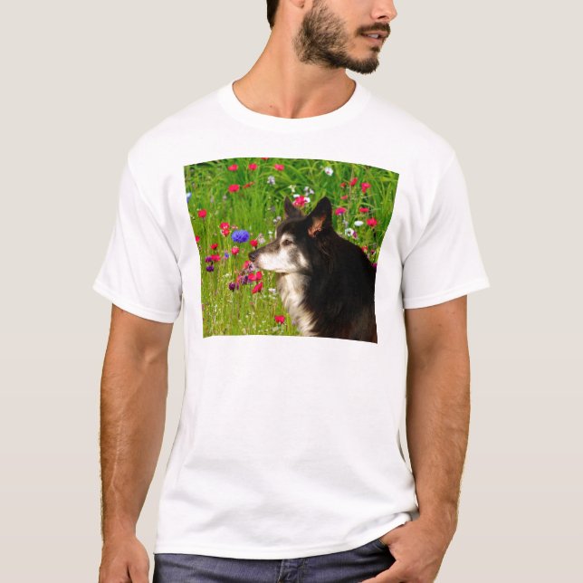 Valentine Border Collie mit wunderschönen Blume T-Shirt (Vorderseite)