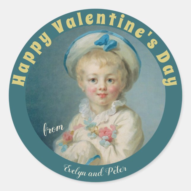 Valentine Boy Blume Fragonard Pierrot CC1075 Runder Aufkleber (Vorderseite)