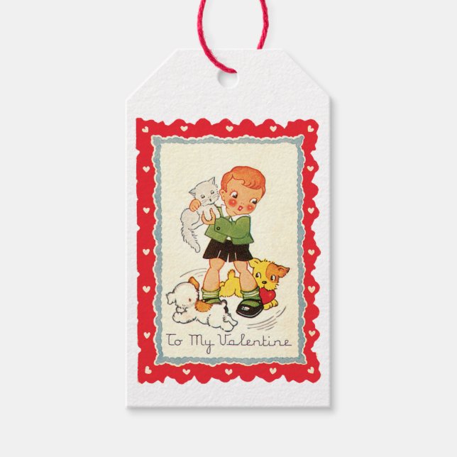 Valentine Boy mit Welpen & Kätzchen Geschenkanhänger (Vorderseite)