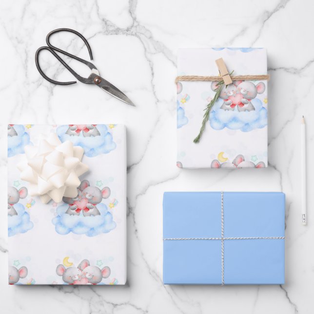 Valentine Boy Niedlich Baby Mice Geschenkpapier Set (Vorderseite)