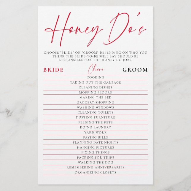 Valentine Bridal Shower Game Honey Do Watercolor Flyer (Vorne)