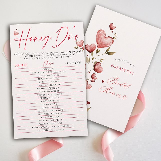 Valentine Bridal Shower Game Honey Do Watercolor Flyer (valentine bridal shower game honey do list brunch bubbly watercolor hearts showered with love)