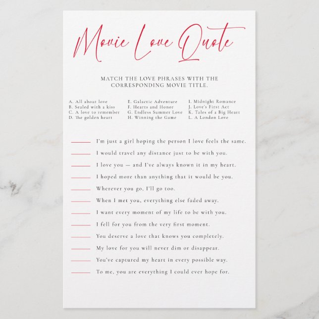 Valentine Bridal Shower Game Match Movie Quotes  Flyer (Vorne)